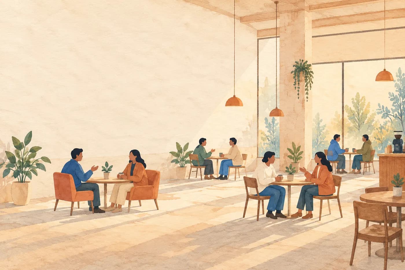 People talking over coffee at tables in a bright, sunlit café