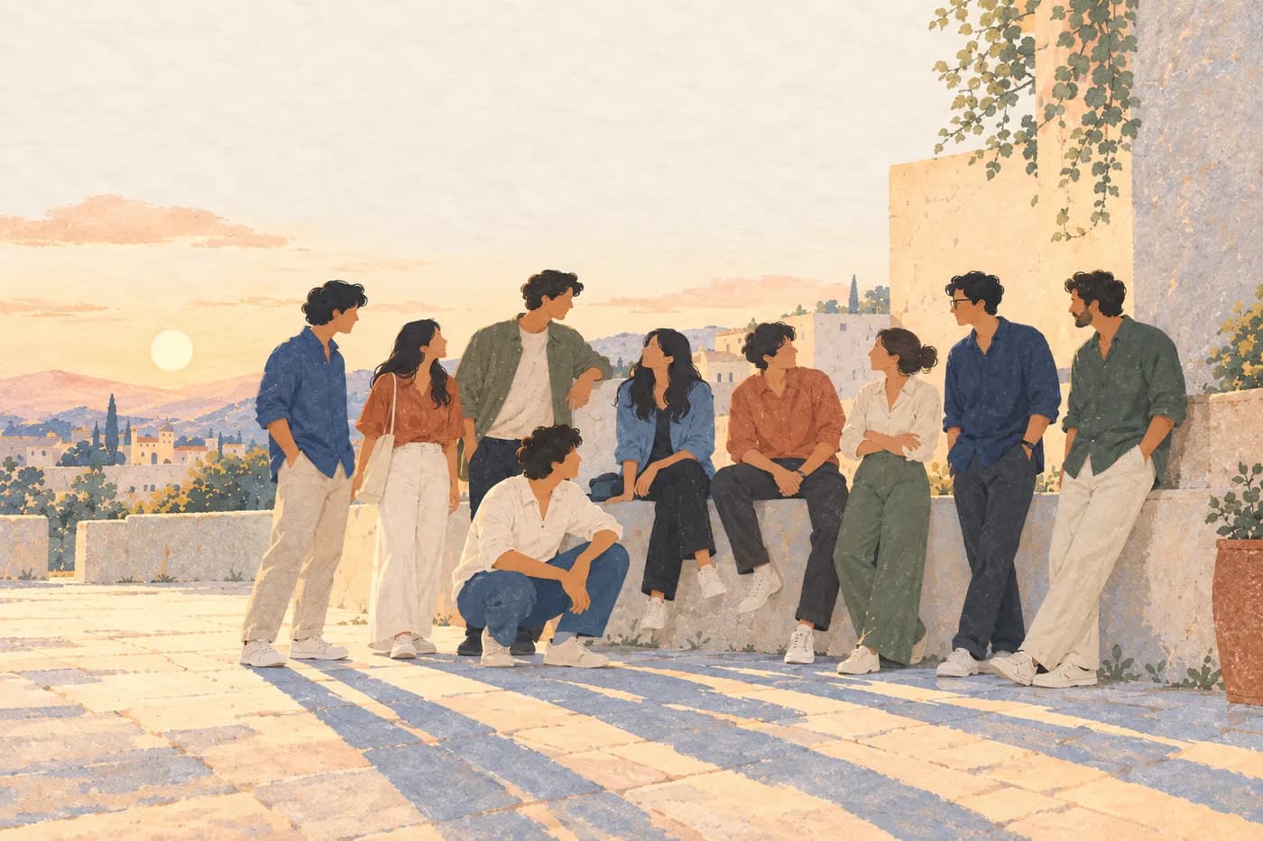 A group of friends talking together on a sunlit terrace at sunset
