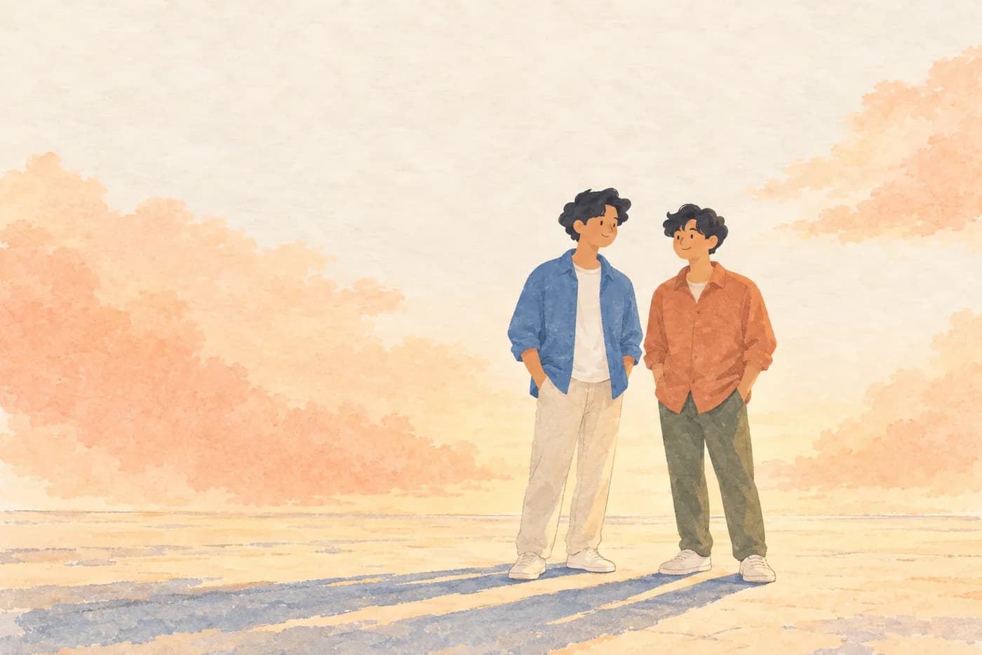 Two founders standing side by side under a warm evening sky