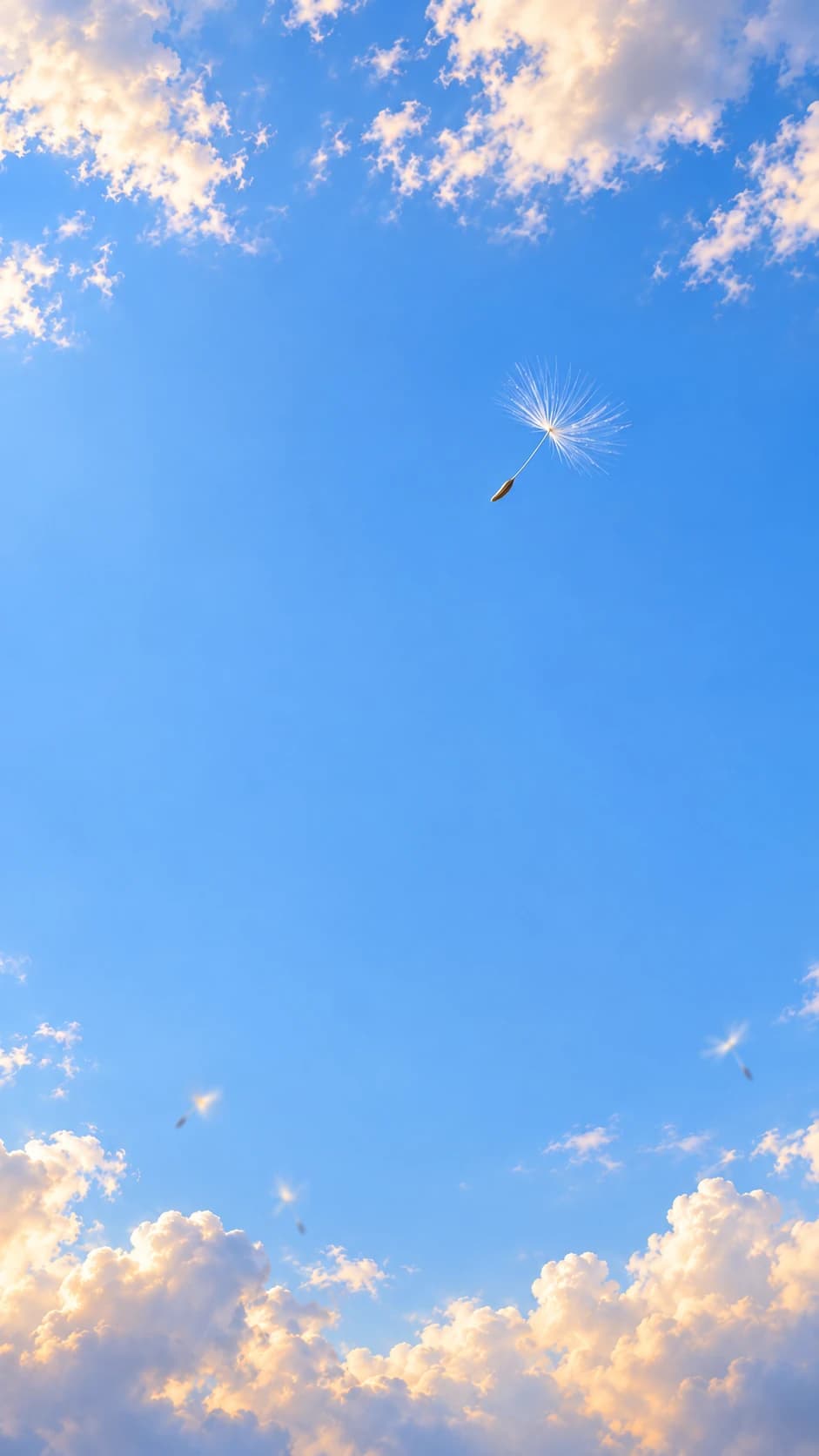 A single dandelion seed in sharp focus, drifting high in a blue sky framed by sunlit clouds