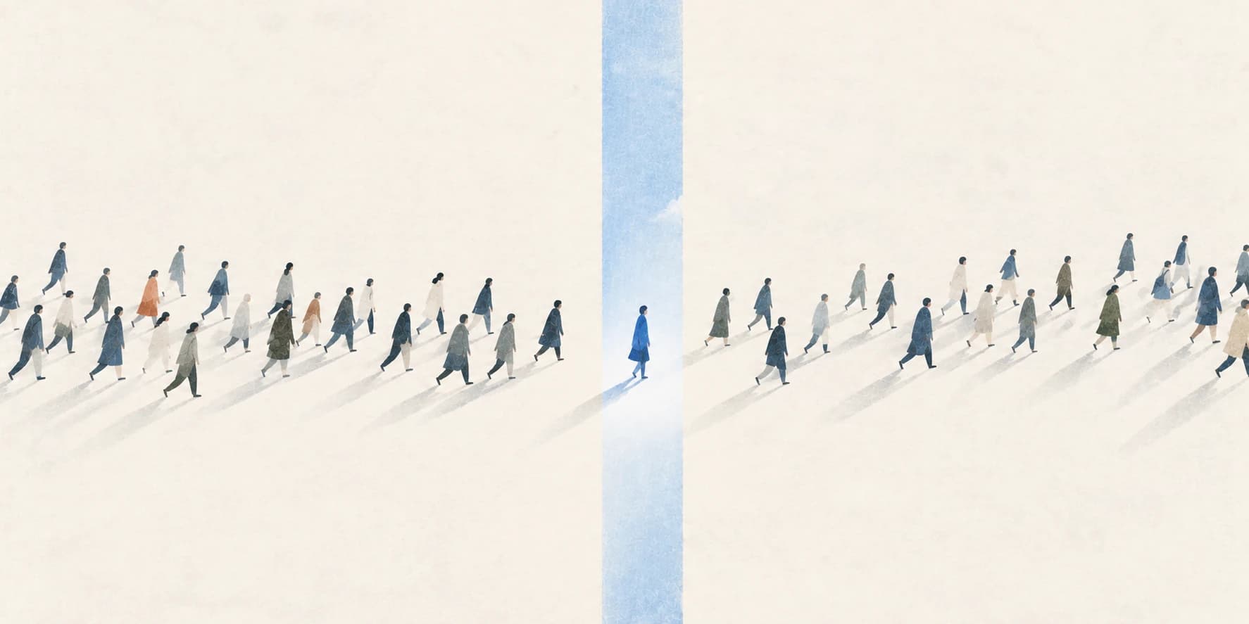 A crowd passes through a narrow shaft of blue light, with one figure standing inside it.
