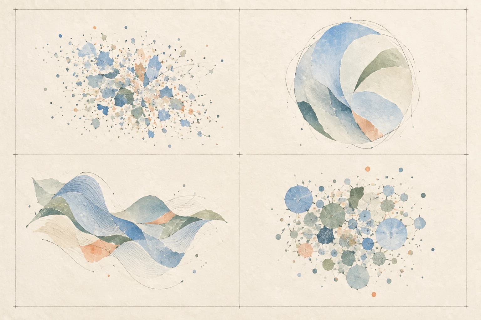 Four distinct painted signal patterns arranged like specimens on a naturalist's plate.