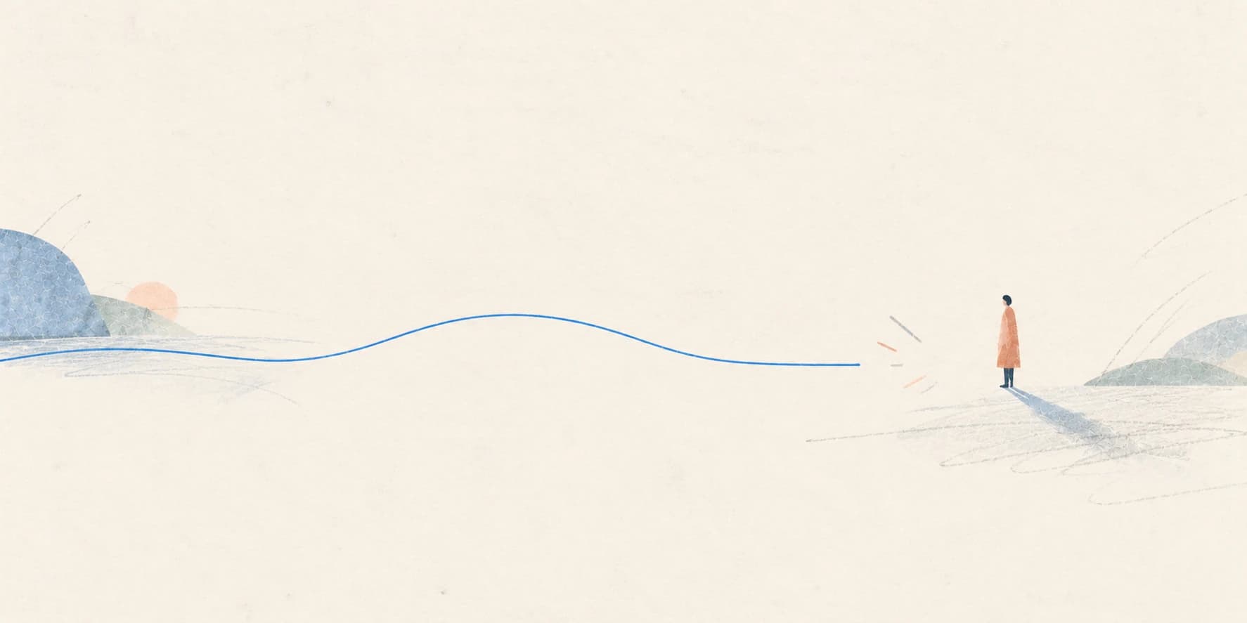 A fine blue thread travelling across the page and stopping short of a distant figure.